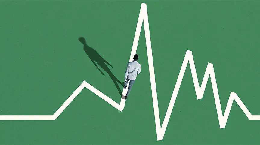 vector image of man walking on ECG line representing the human energy crisis in the workplace